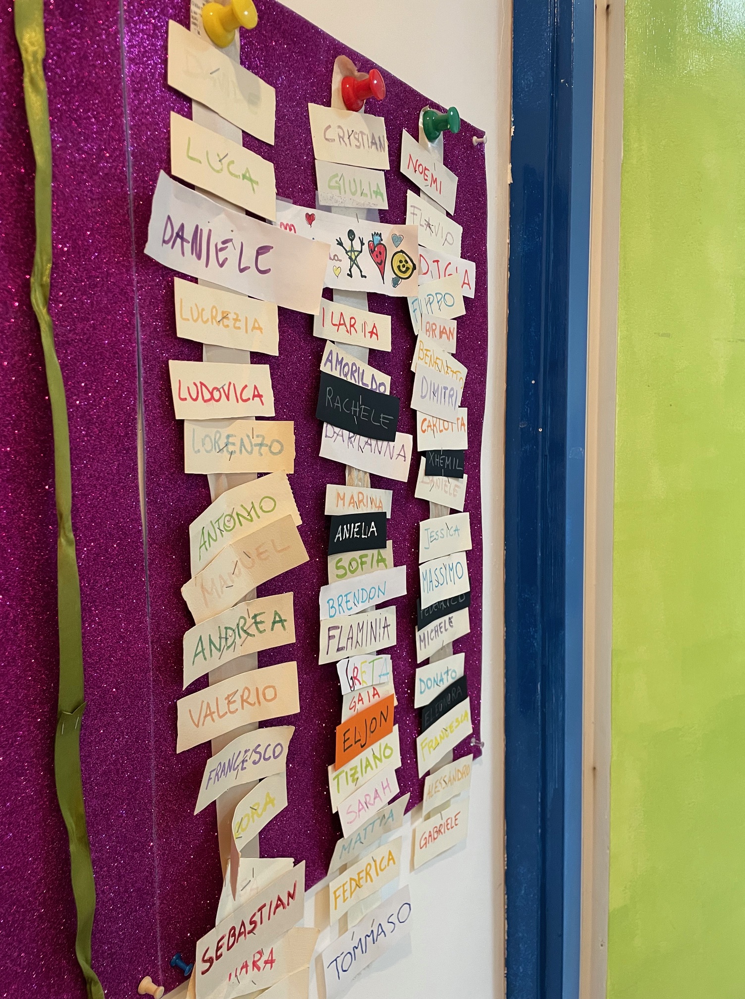 nomi dei bambini dello studio su una lavagna